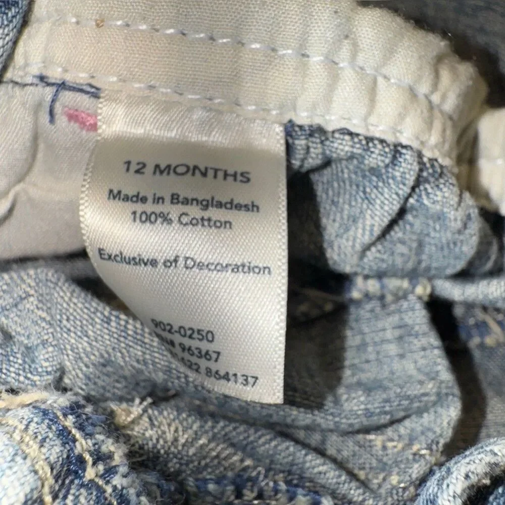 Osh Kosh Denim Jean Overall Dress Girls 12 Months Blue Floral Embroidery Summer